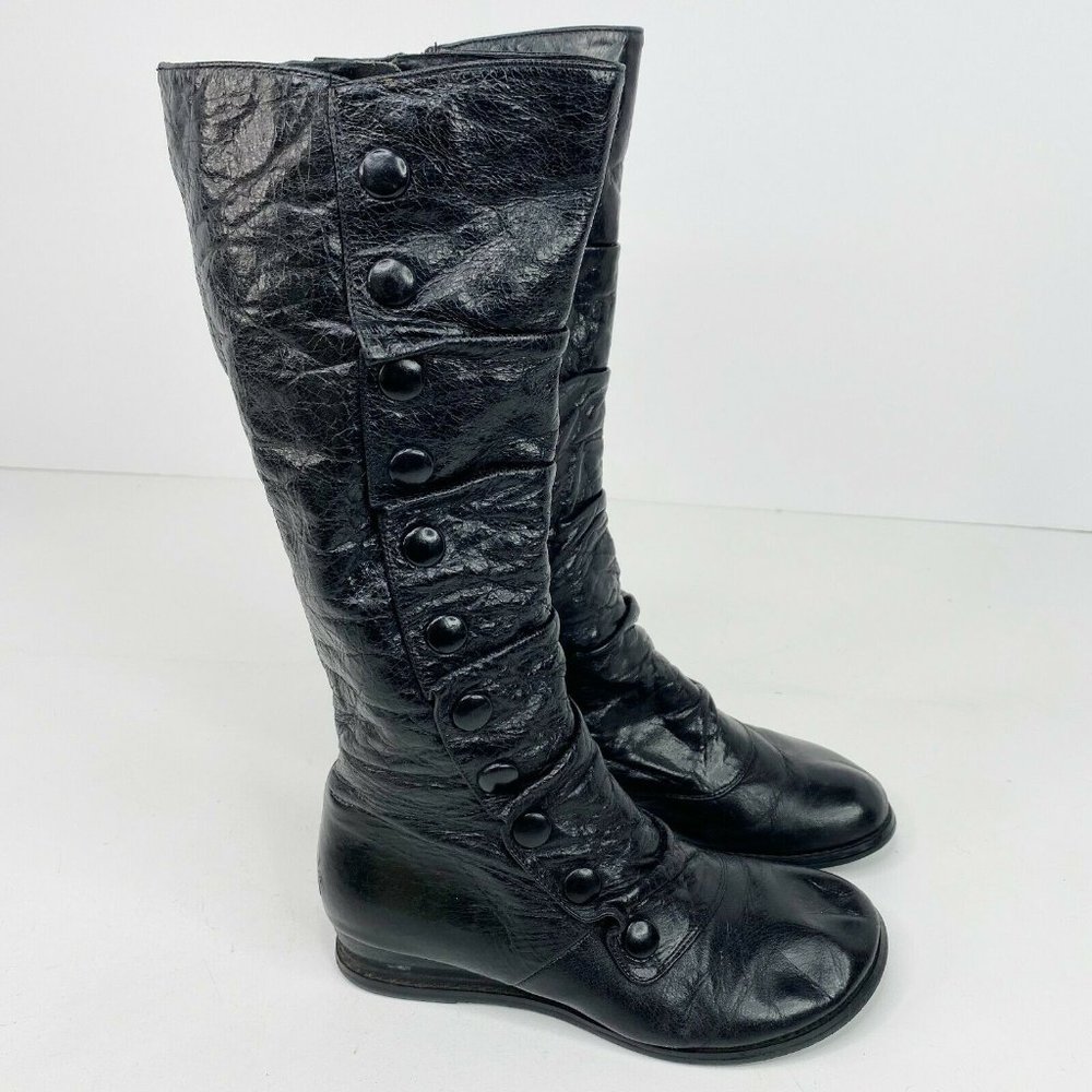 Miz Mooz Size 6.5 Black Leather Button Detail Low Wedge Tall Boots Granny Witchy